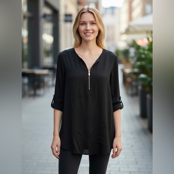 VINCE CAMUTO L Black Knit Tunic Silky Front Gold Zipper Detail R $79 - Picture 1 of 8